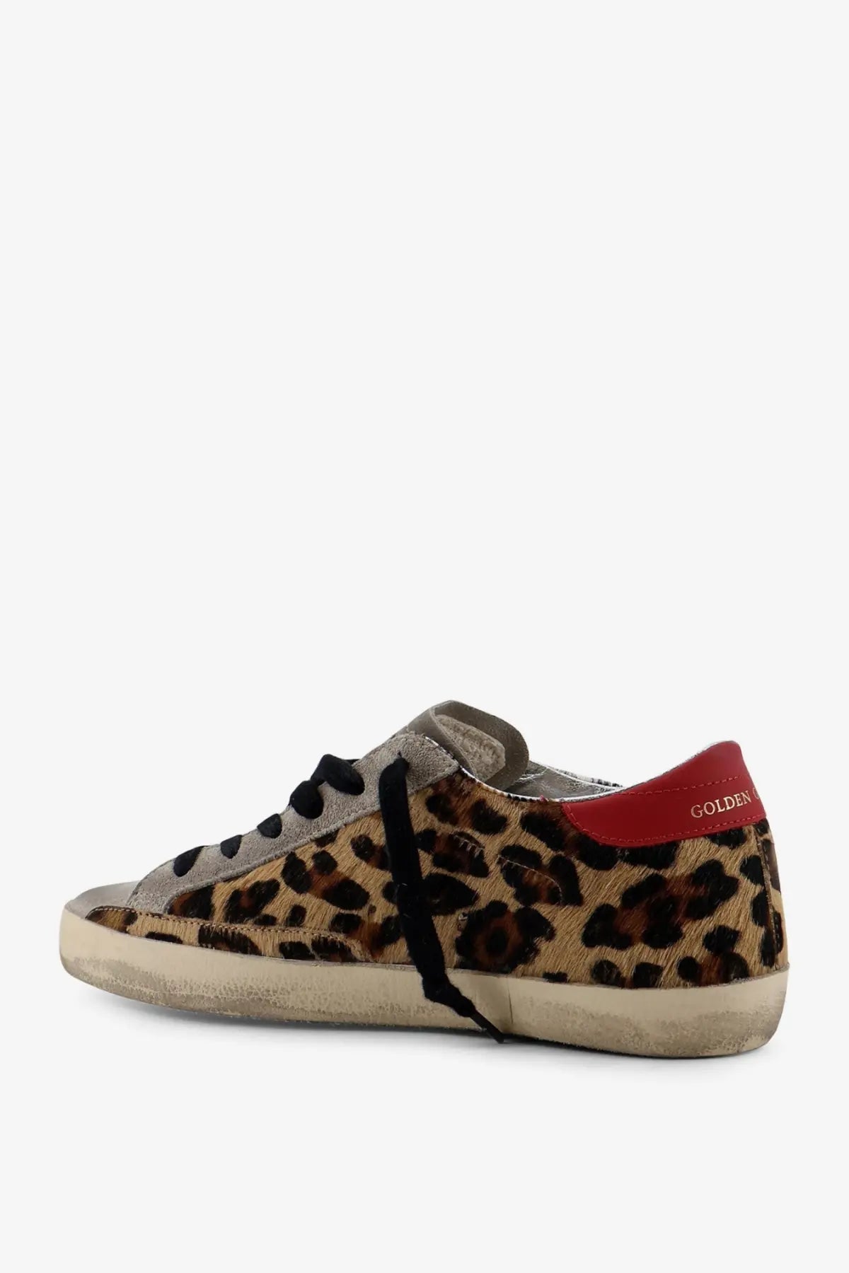 Golden goose women’s super star sneaker white leopard-print suede low-top with black laces and red heel tab back view