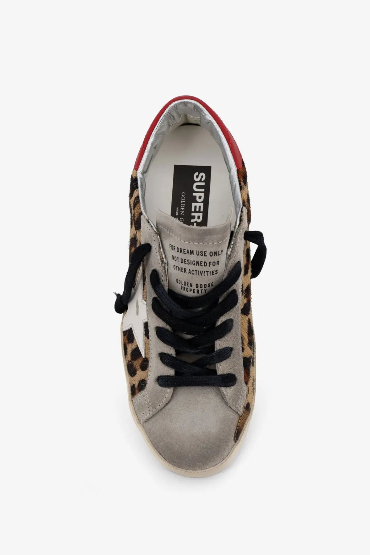 Golden Goose women’s Super Star sneaker in leopard-print suede with red heel tab and black laces white color