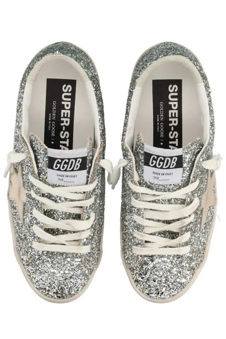 Golden Goose women’s superstar sneaker in silver glitter with white laces and beige star side detail