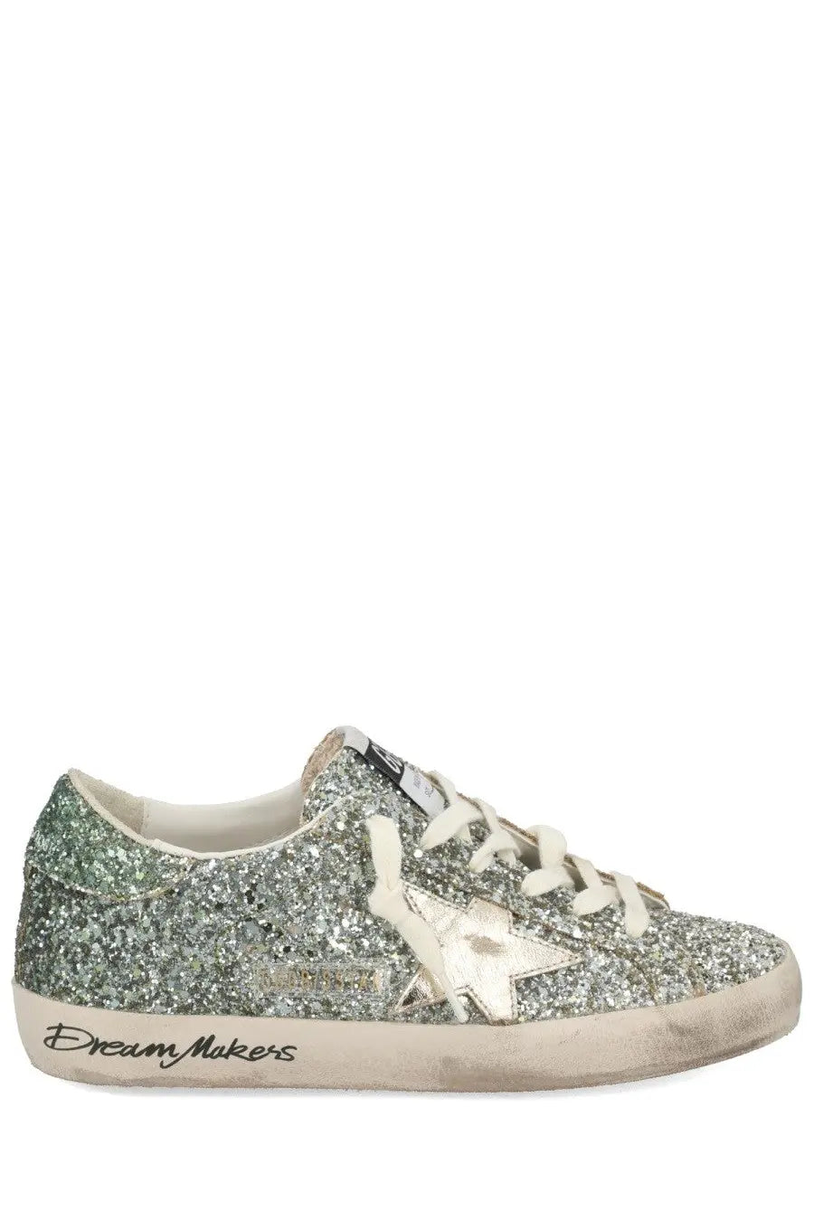 Golden Goose women’s Superstar sneaker silver glittery silver and green low-top with metallic star emblem on side