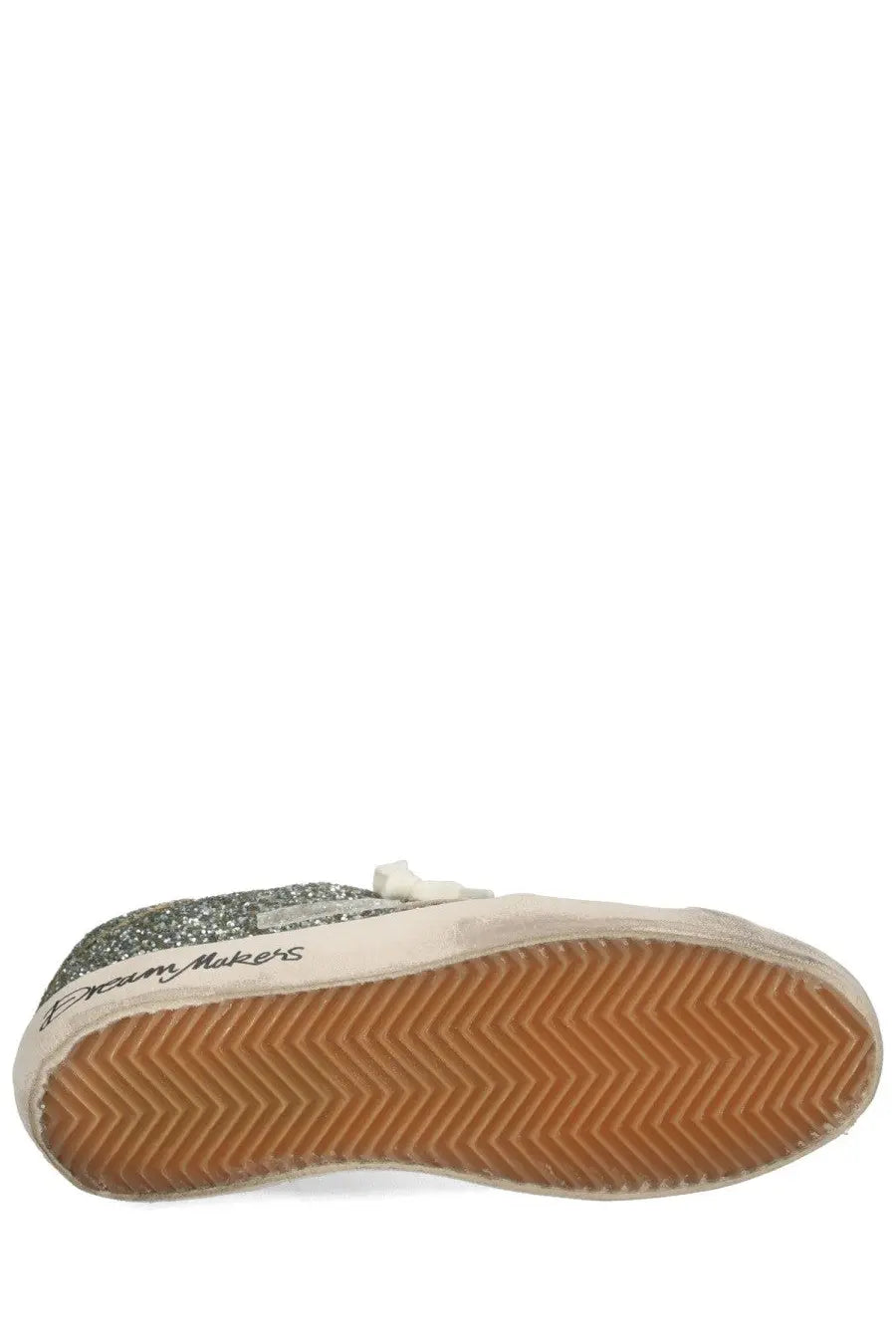 Golden Goose women’s Superstar sneaker in glittery silver high top with white rubber sole and tan chevron tread