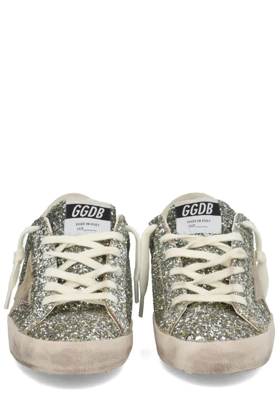 Golden goose women’s superstar sneaker in glittery silver with white laces and distressed rubber sole