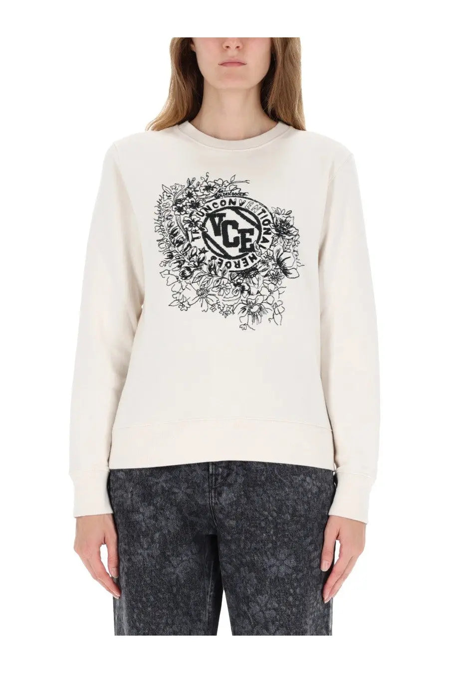 Golden Goose women’s cream-colored long-sleeved sweatshirt with bold black floral and text graphic on chest