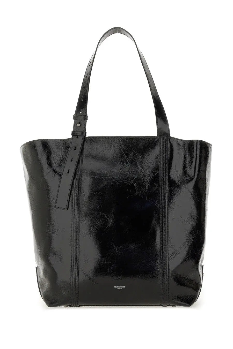 Golden Goose women’s tote bag black made of black patent leather with a sleek glossy finish and minimalist design