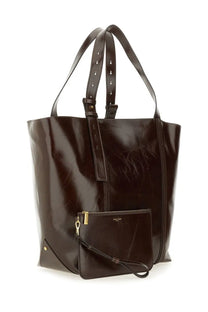 Golden Goose women’s tote bag in glossy dark brown leather with adjustable straps and matching small clutch