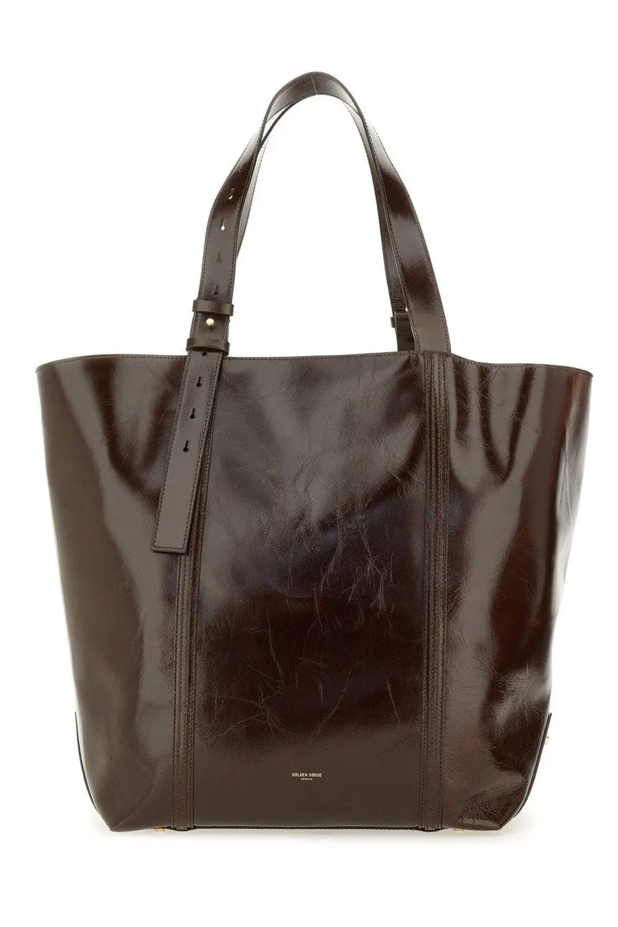 A sleek dark brown leather tote bag with structured handles and minimalist design from Golden Goose women