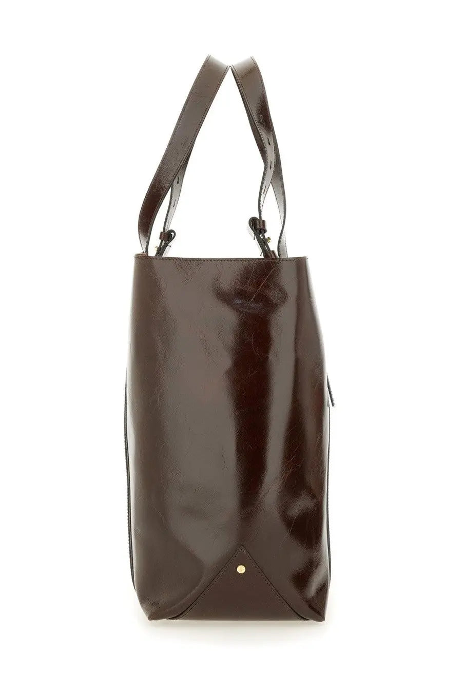 Golden Goose women’s tote bag in dark brown glossy leather with structured handles and gold-tone accent at the base