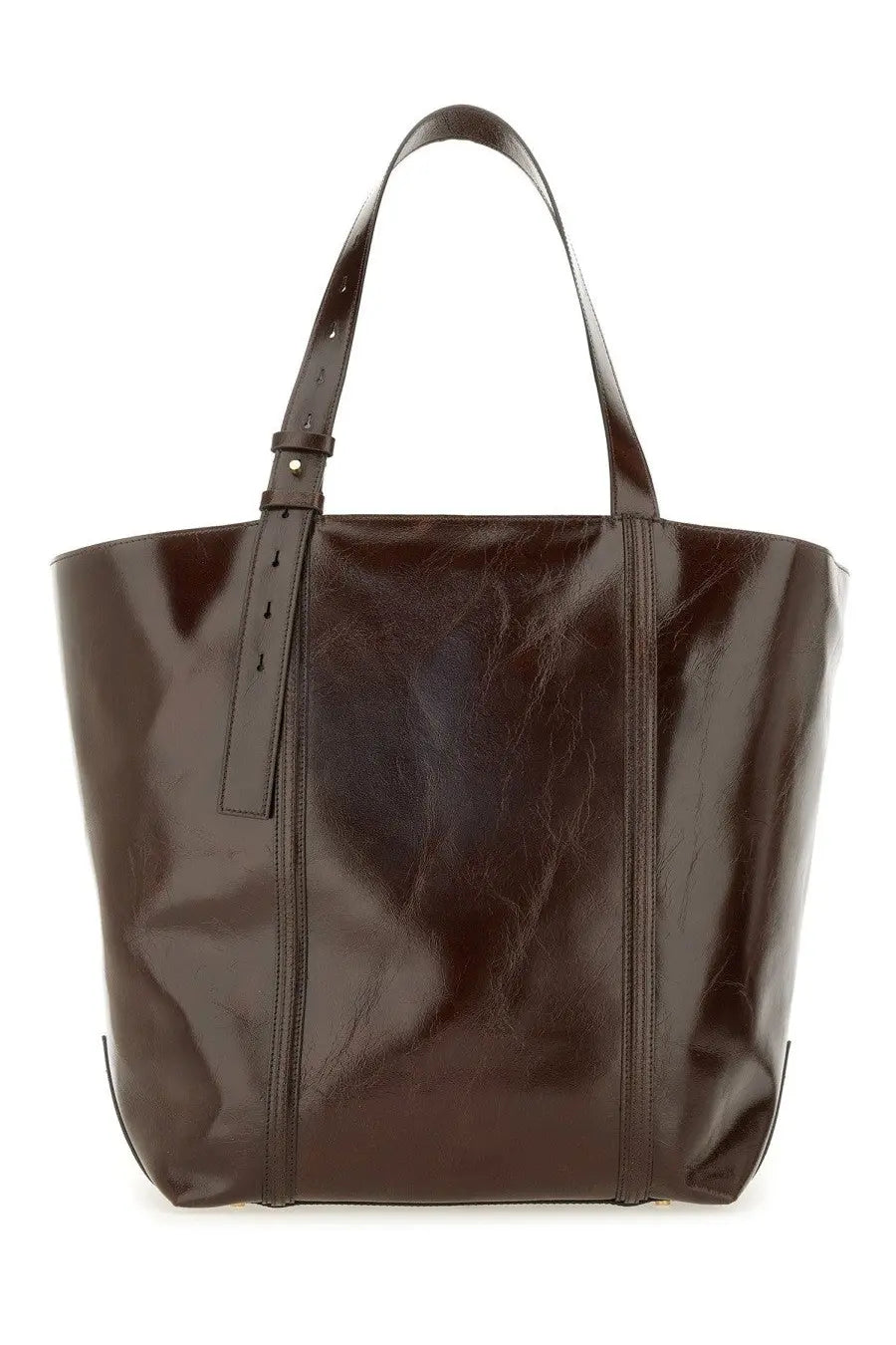 Golden Goose women’s tote bag in brown glossy leather with structured handles and vertical stitching details