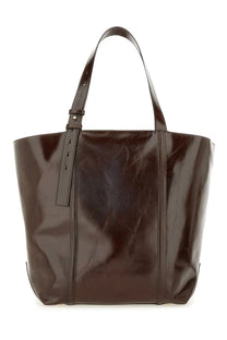 Golden Goose women’s tote bag in brown glossy leather with structured handles and vertical stitching details