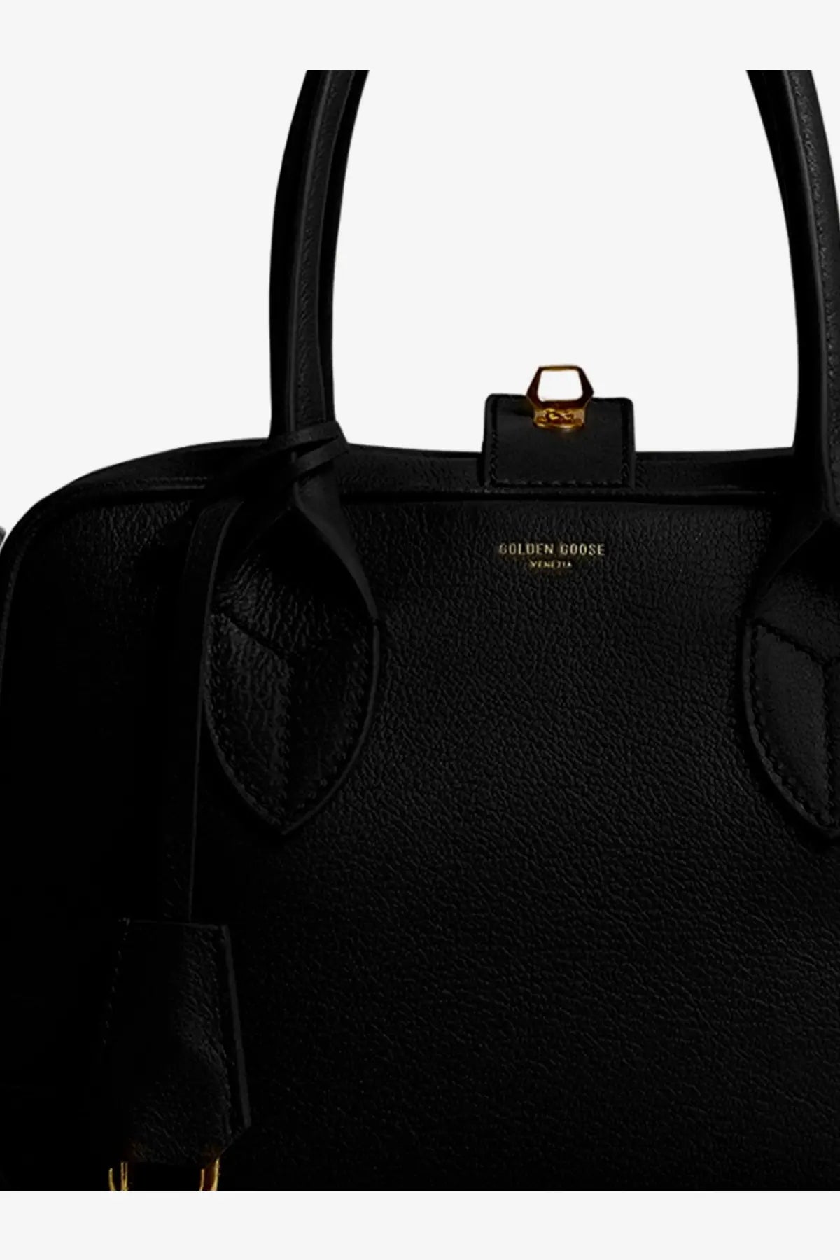 Black leather golden goose vita crossbody bag with gold-tone hardware and golden goose logo plaque