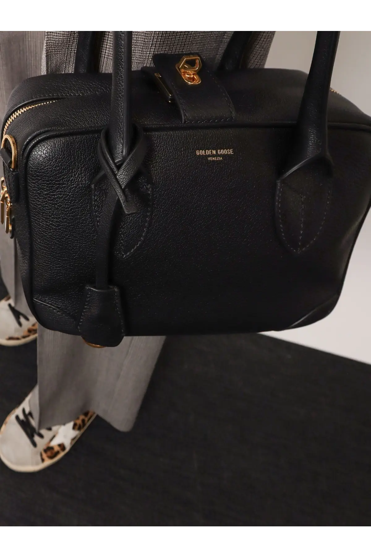 Golden Goose women’s vita bag black leather crossbody handbag with gold-tone hardware and distinctive logo plaque