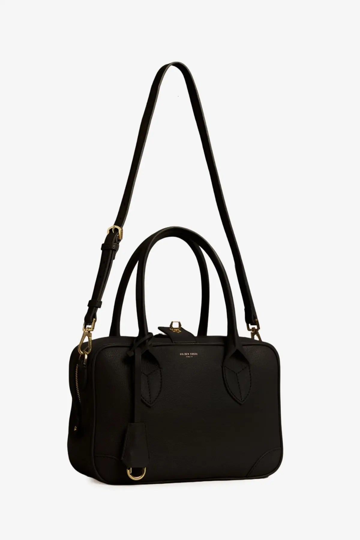 Black leather golden goose vita bag crossbody satchel with gold-tone hardware and dual top handles