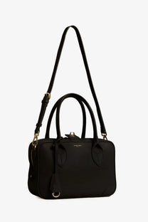 Black leather golden goose vita bag crossbody satchel with gold-tone hardware and dual top handles