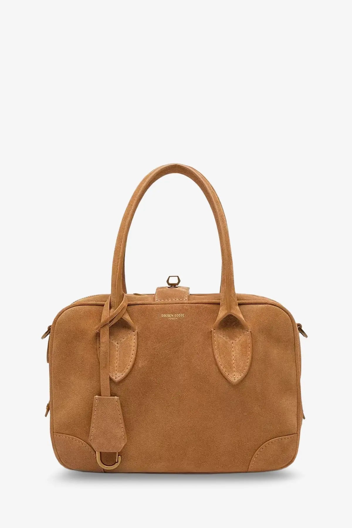 Golden Goose women’s vita beige tan suede crossbody bag with structured shape and top handles