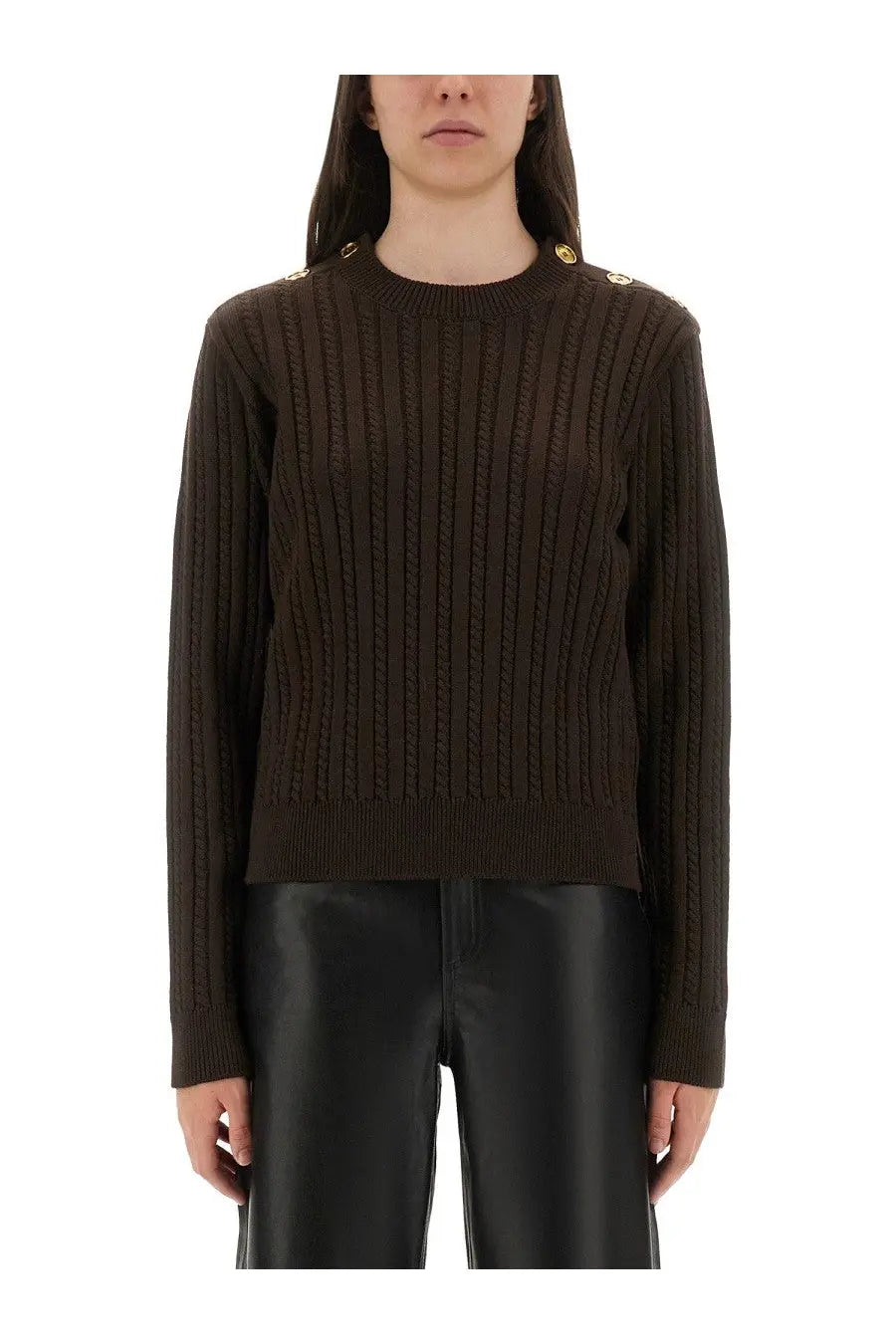 Golden goose women’s wool sweater brown dark brown ribbed knit with gold-tone buttons on the shoulders