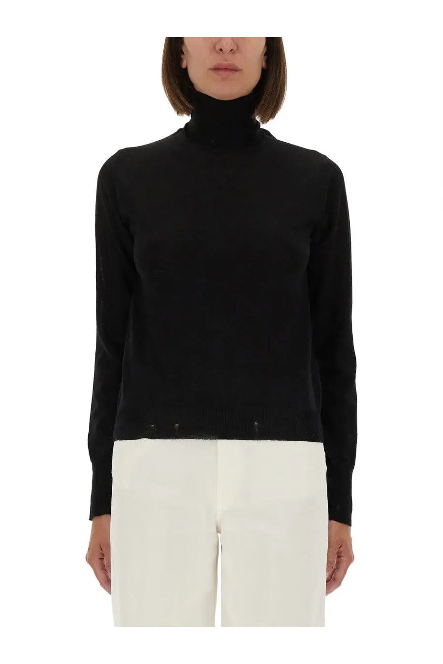 Golden goose women’s black wool turtleneck sweater with long sleeves and subtle button detailing at the hem
