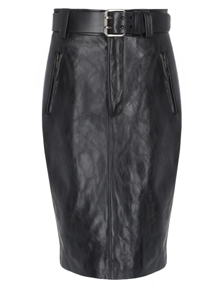 Saint Laurent Women's Gonna Matita Con Cintura in Pelle Martellata Black