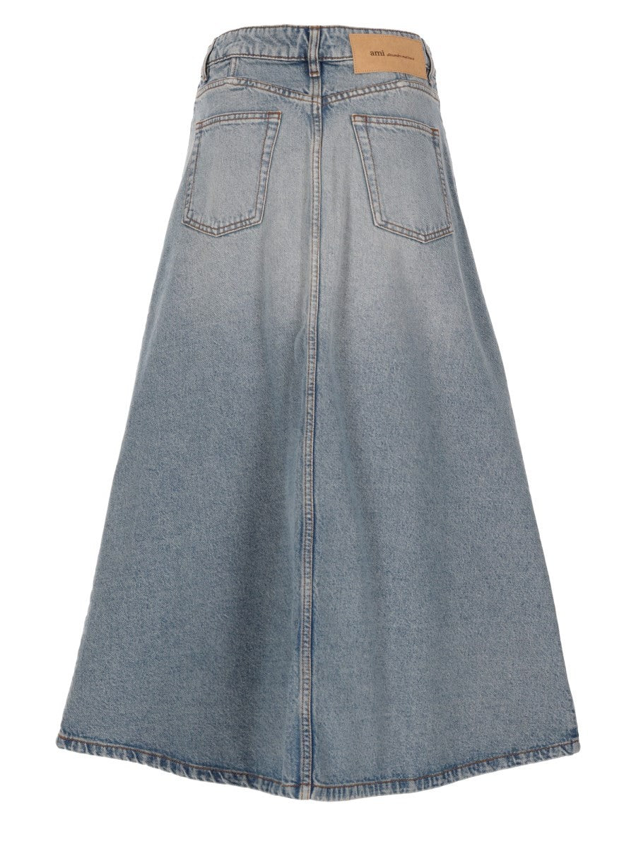 Ami Paris Women's Gonna Lunga in Denim Di Cotone Blue