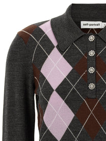 self-portrait Grey Argyle Lightweight Sweater Grey