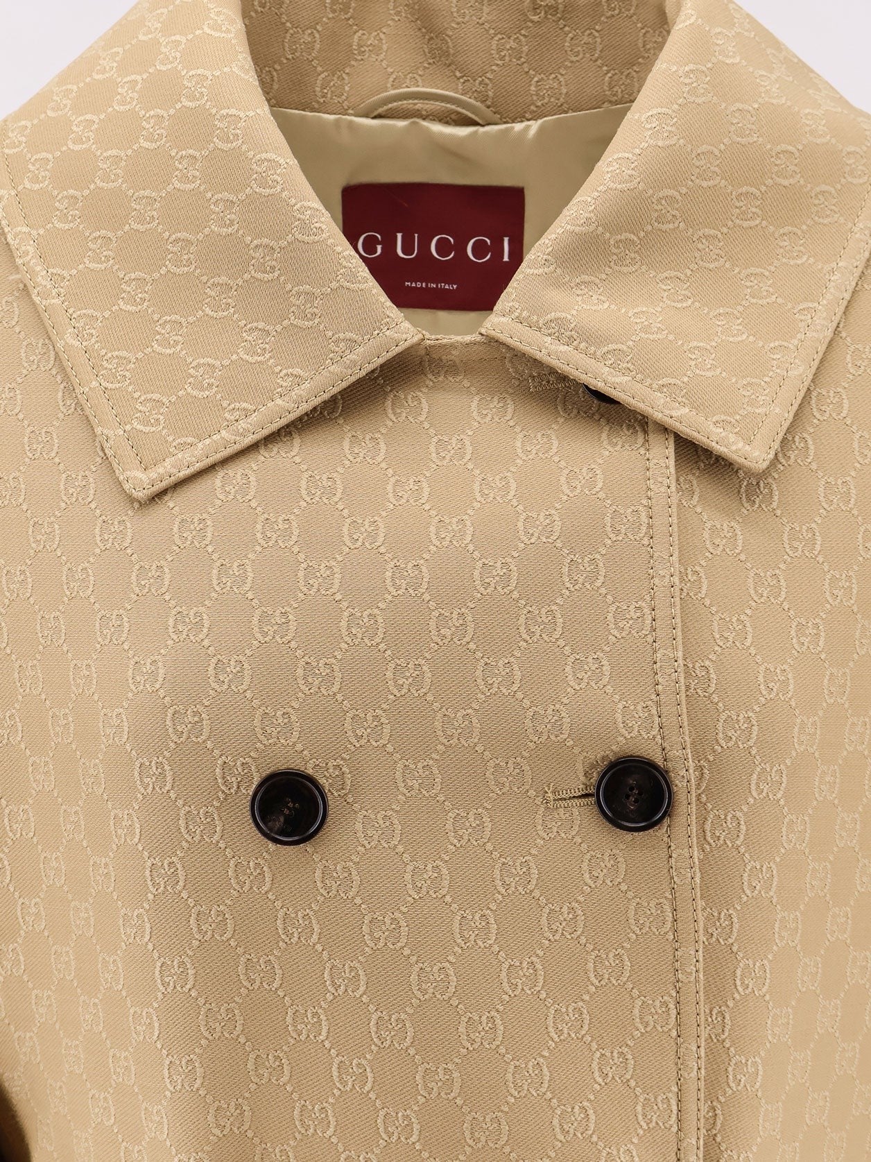 Gucci - Gucci Wool And Silk Crepe Coat With All Over Gg Motif - Women’s Outerwear