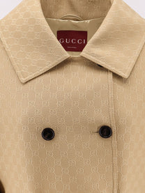 Gucci - Gucci Wool And Silk Crepe Coat With All Over Gg Motif - Women’s Outerwear