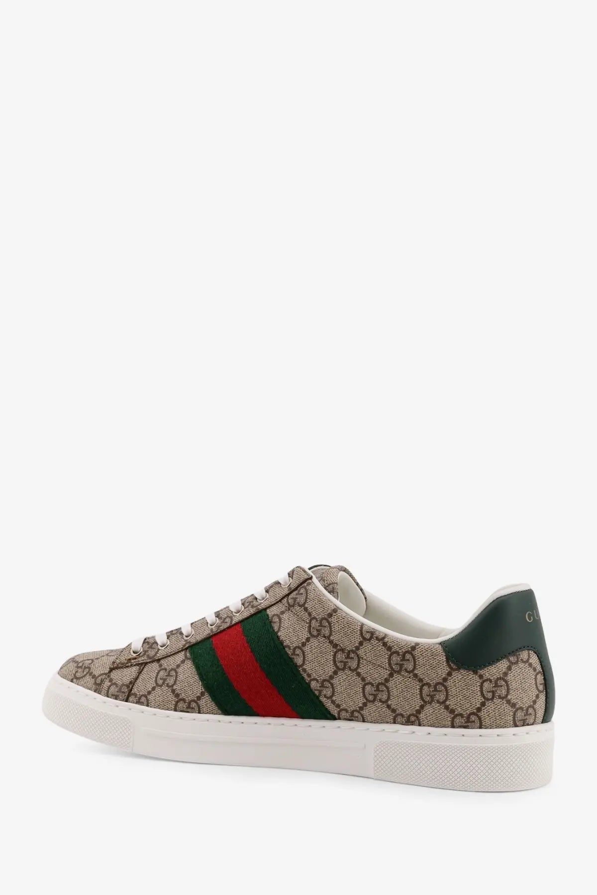 Beige Gucci men’s Ace Supreme GG fabric low top sneakers with brown logo pattern red and green stripe white sole