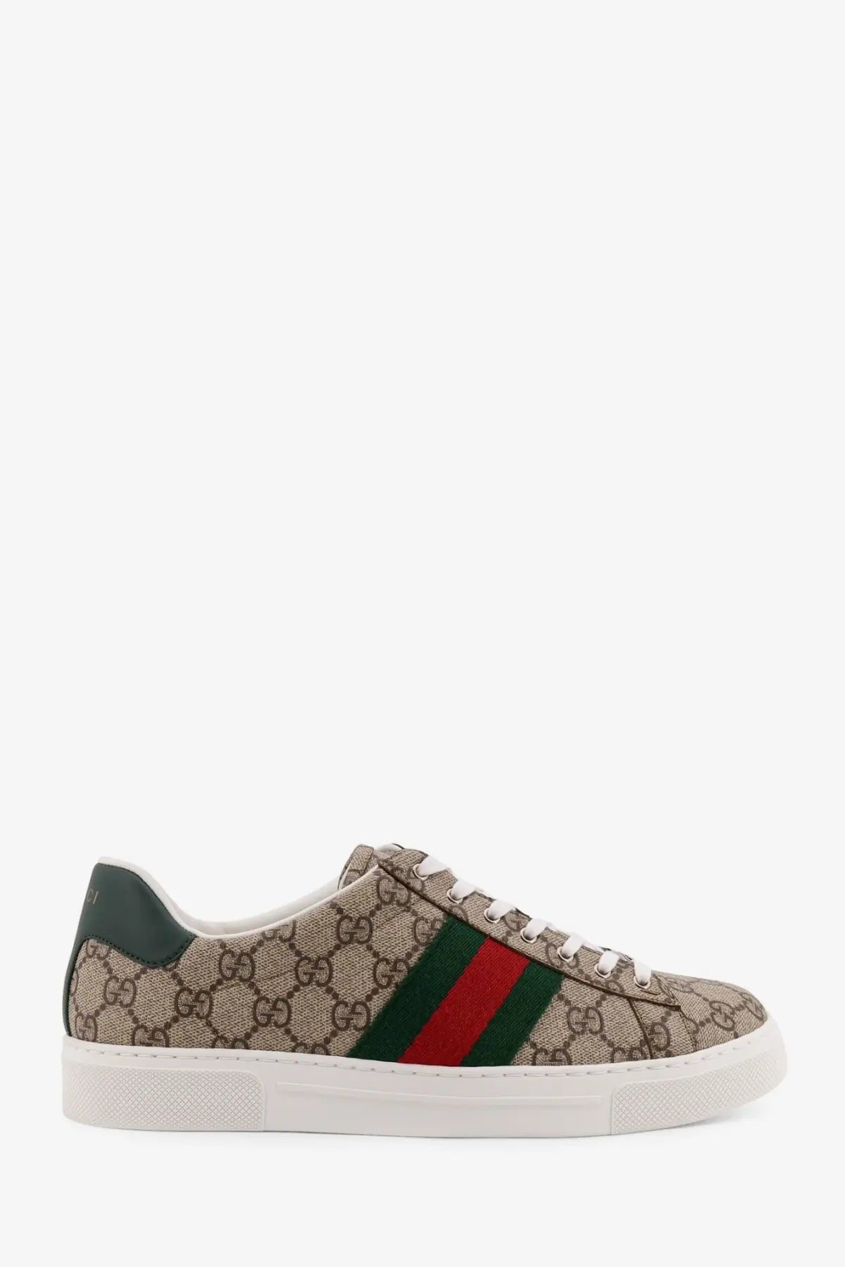 Beige Gucci men’s Ace Supreme GG fabric low top sneaker with brown monogram pattern and green red striped side panel