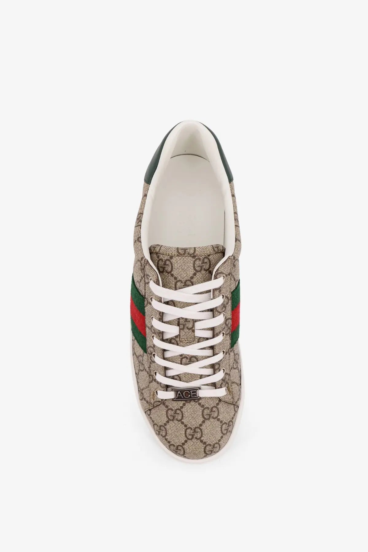 Beige gucci men’s ace low top sneaker with brown gg supreme canvas green and red striped panels and black heel tab
