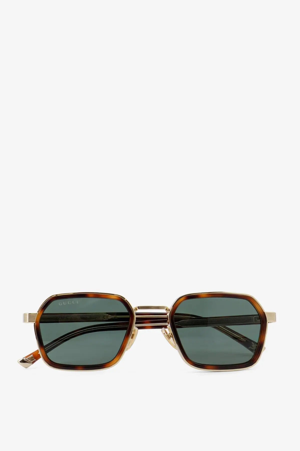 Gucci men’s acetate sunglasses brown tortoiseshell frames with gold-tone metal accents and dark green lenses