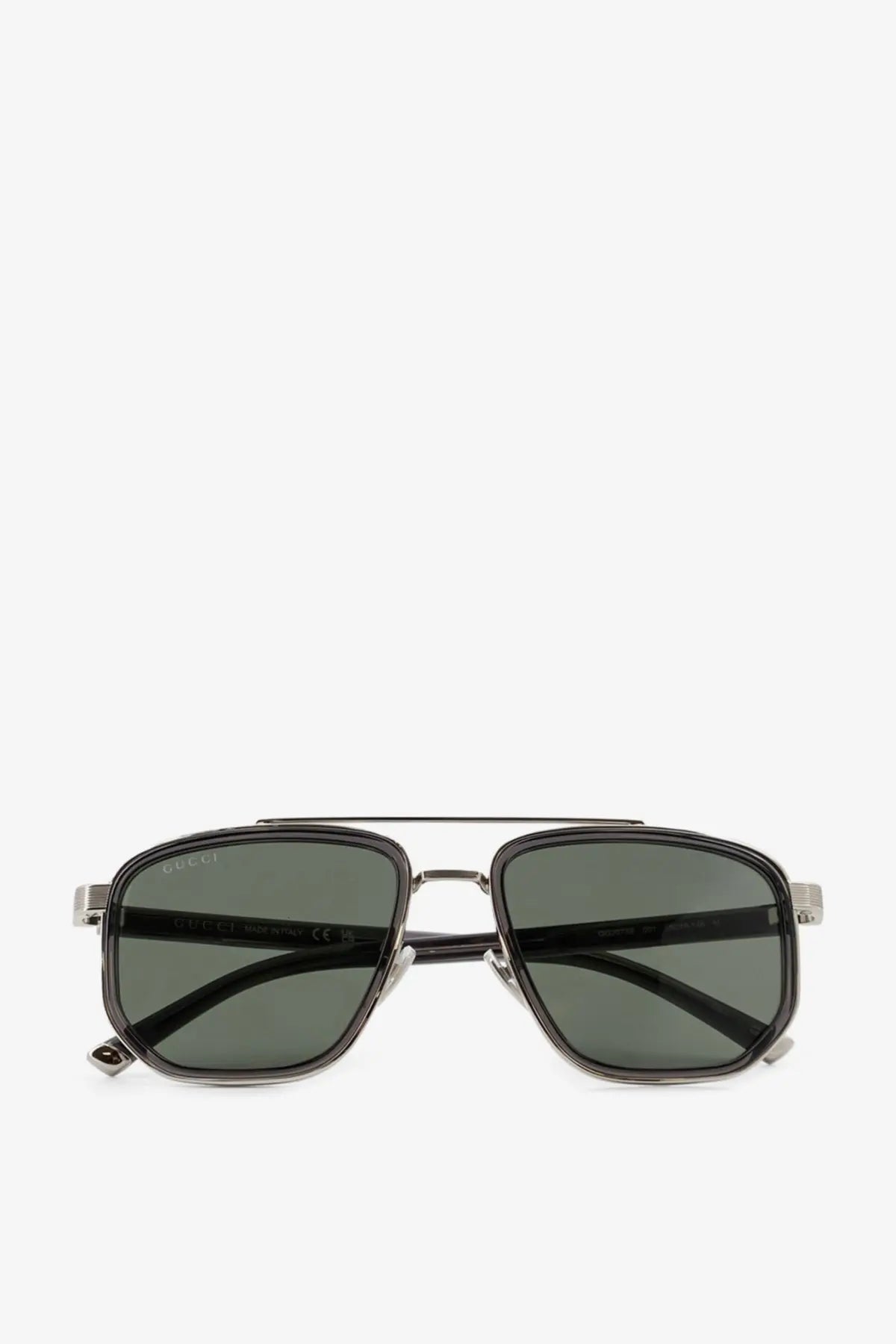 Gucci men’s acetate sunglasses grey with black-framed aviator design dark gray lenses and metallic bridge