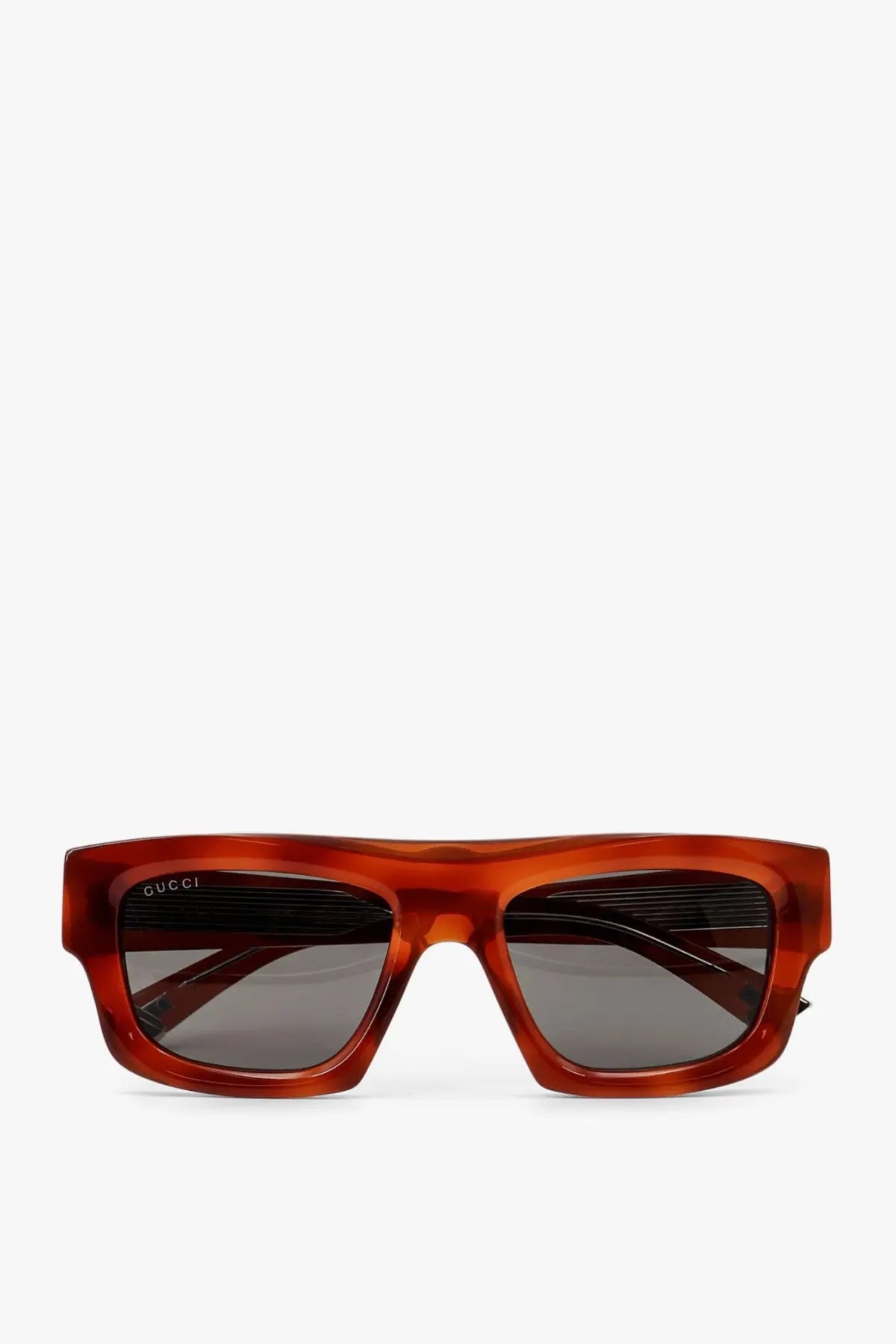 Gucci men’s tortoiseshell acetate sunglasses with dark gray rectangular lenses