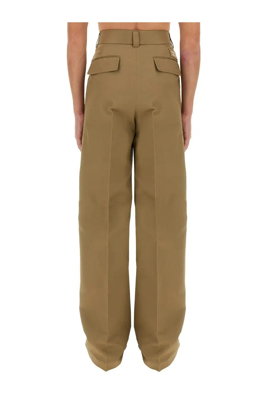 Gucci men’s beige cargo pants with tan wide-leg trousers, structured waistband, and two front flap pockets