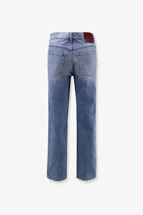 Light-wash Gucci men’s certified cotton slim fit jeans with straight-leg cut and red leather brand patch at waistband back view