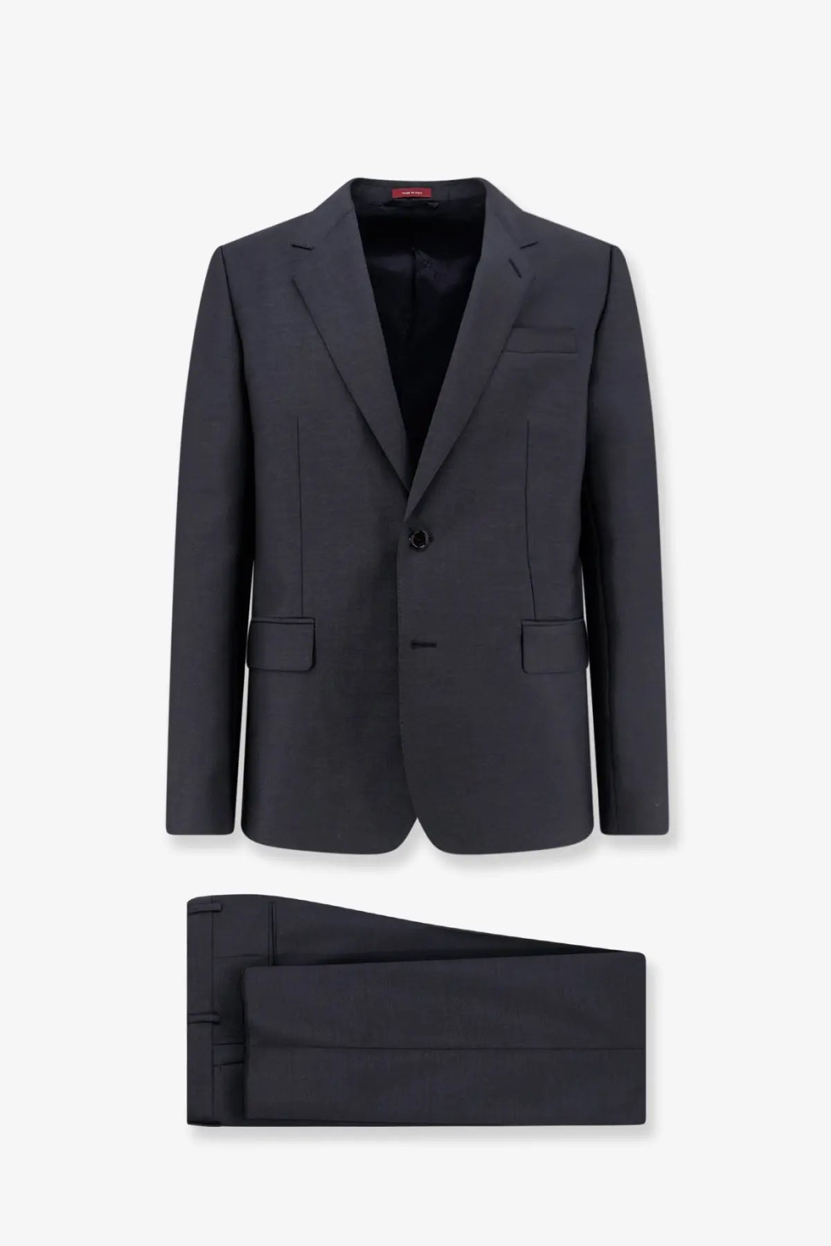 Dark gray Gucci men’s classic mohair and wool suit featuring a tailored blazer and matching textured trousers