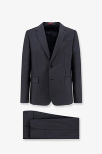 Dark gray Gucci men’s classic mohair and wool suit featuring a tailored blazer and matching textured trousers