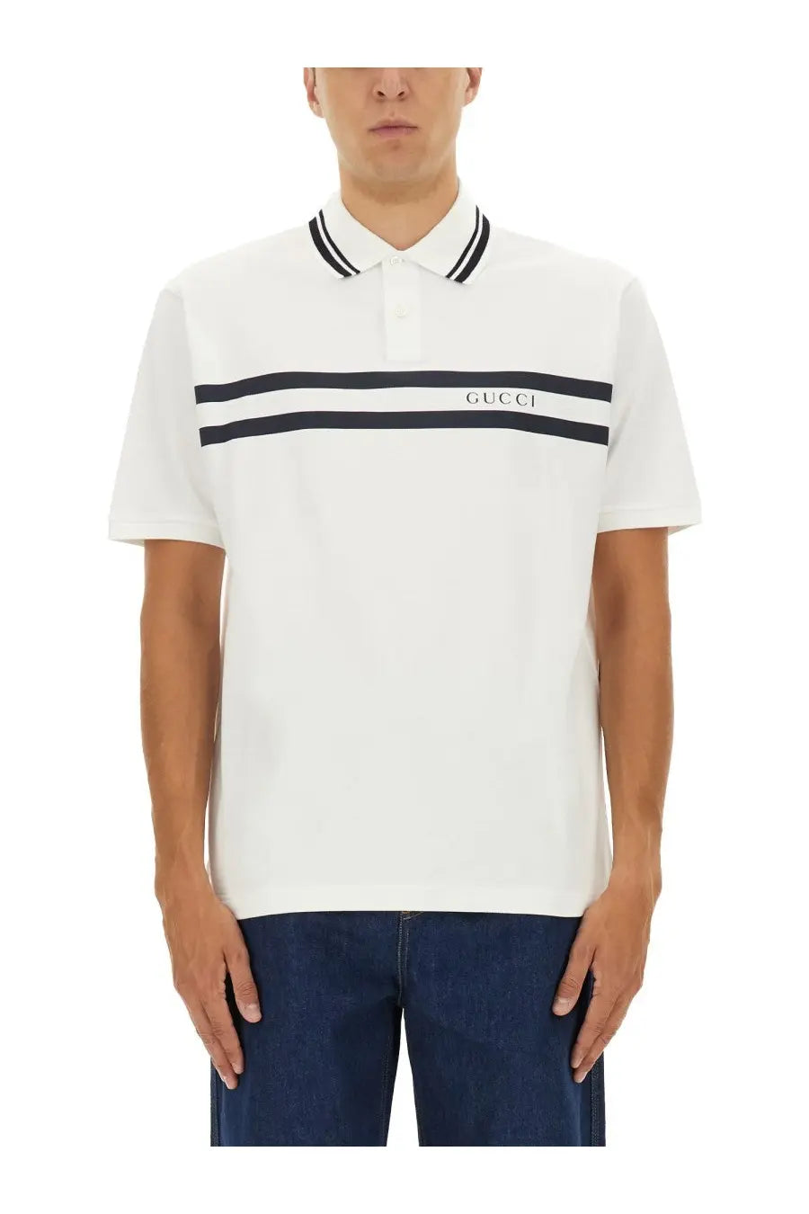 Gucci mens white cotton pique polo shirt with black stripes and collar trim