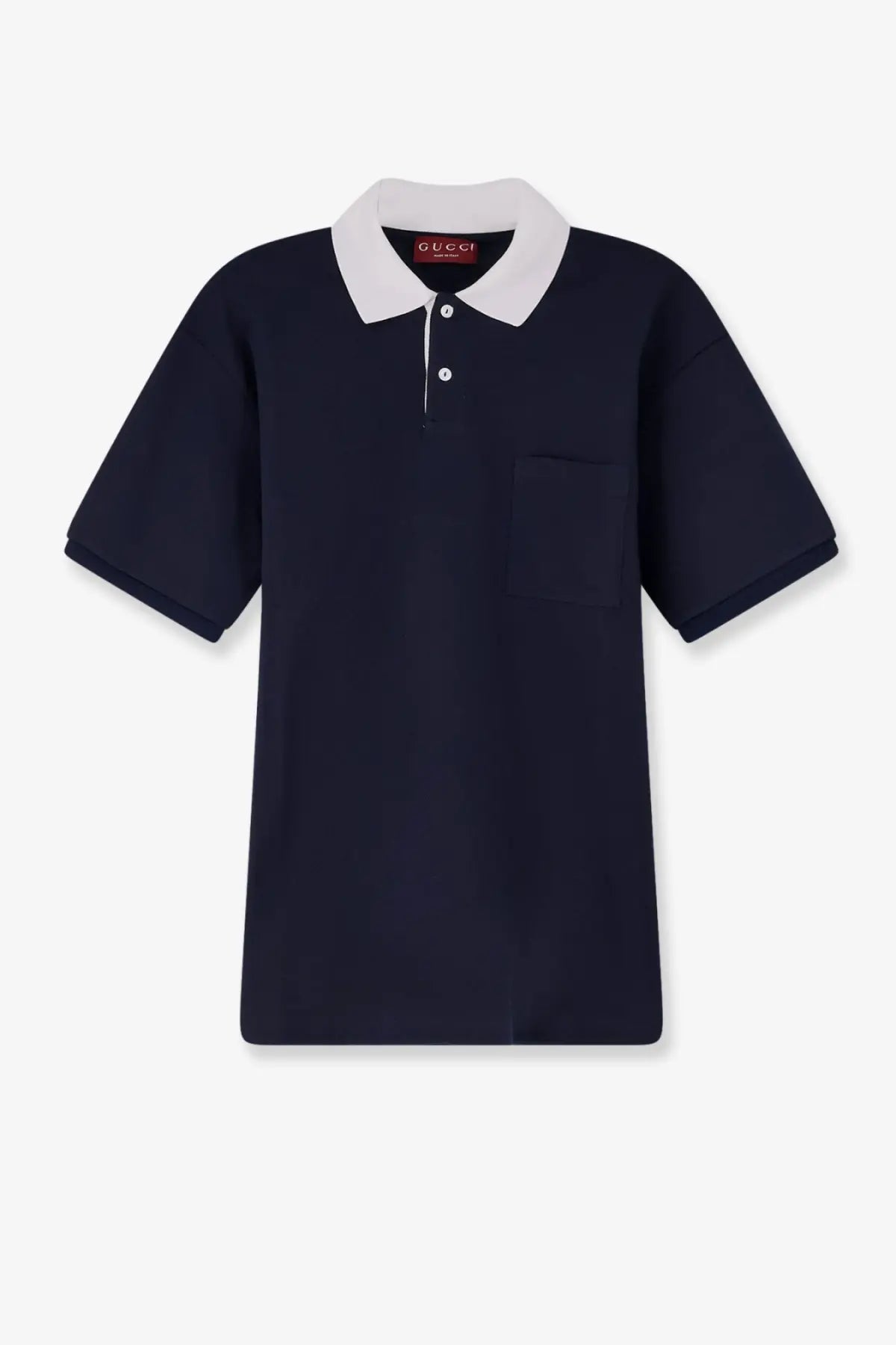 Navy blue Gucci men’s cotton piquet polo shirt with white collar and button placket in black variant