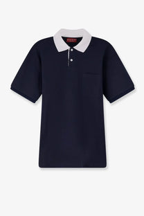 Navy blue Gucci men’s cotton piquet polo shirt with white collar and button placket in black variant