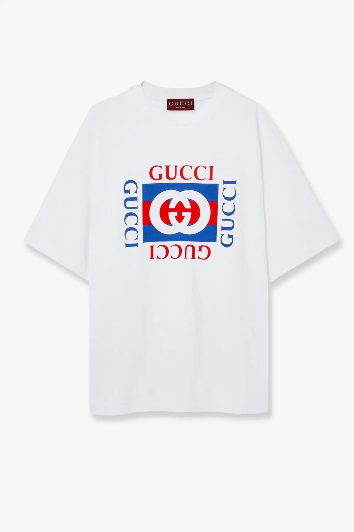 White gucci men’s cotton oversized t-shirt with bold red white and blue logo print and vertical brand name design