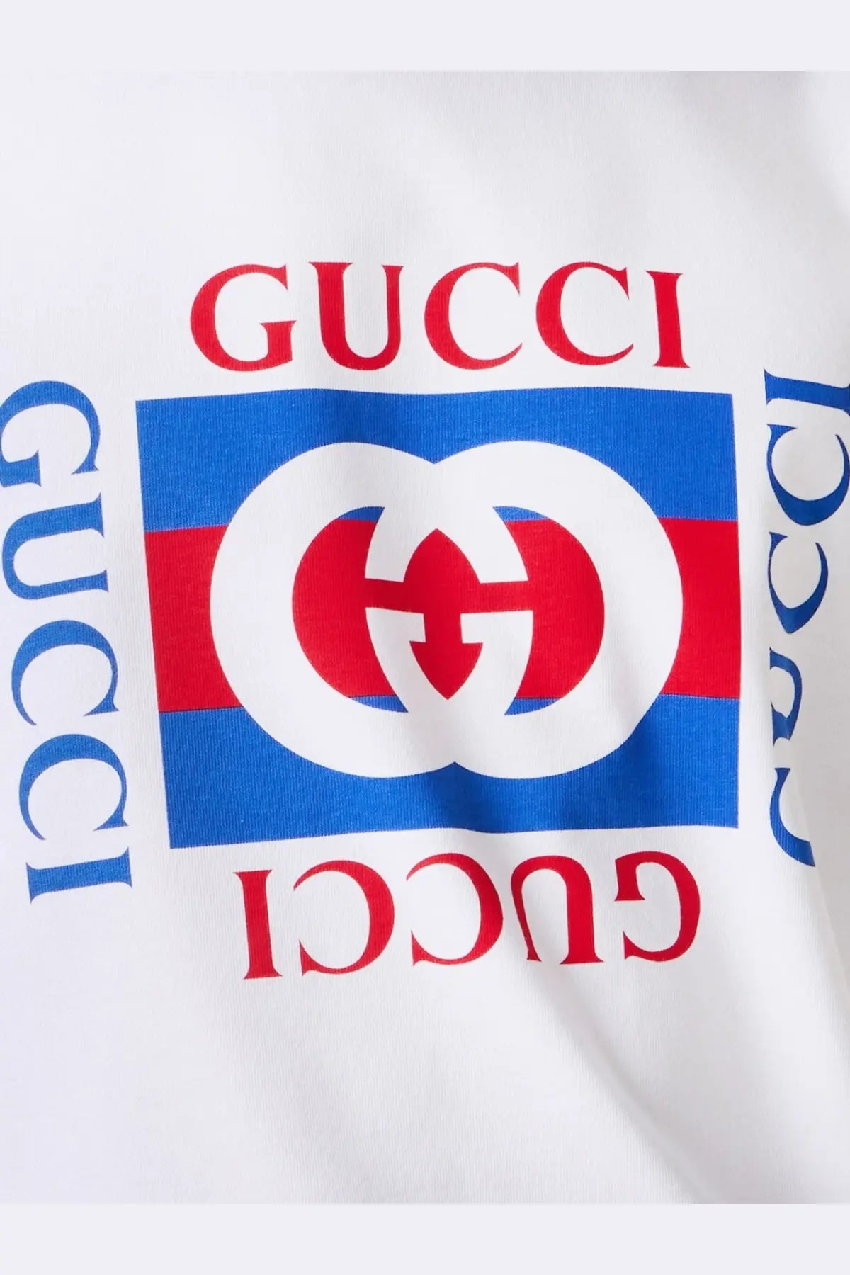 White gucci men’s cotton t-shirt with bold red blue and white logo print and repeated brand name design