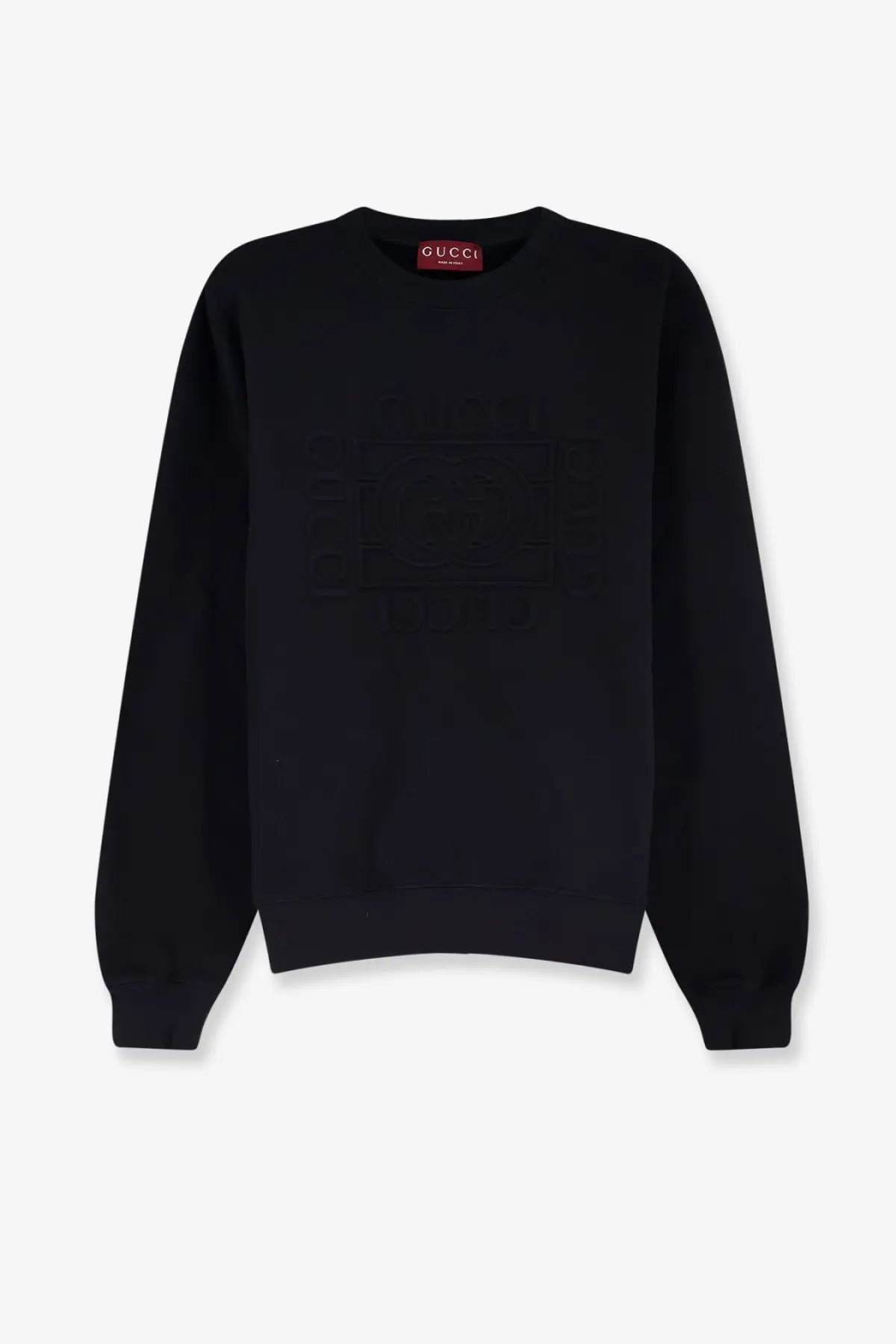 Gucci men’s black cotton sweatshirt with a subtle embossed logo on the front for casual wear