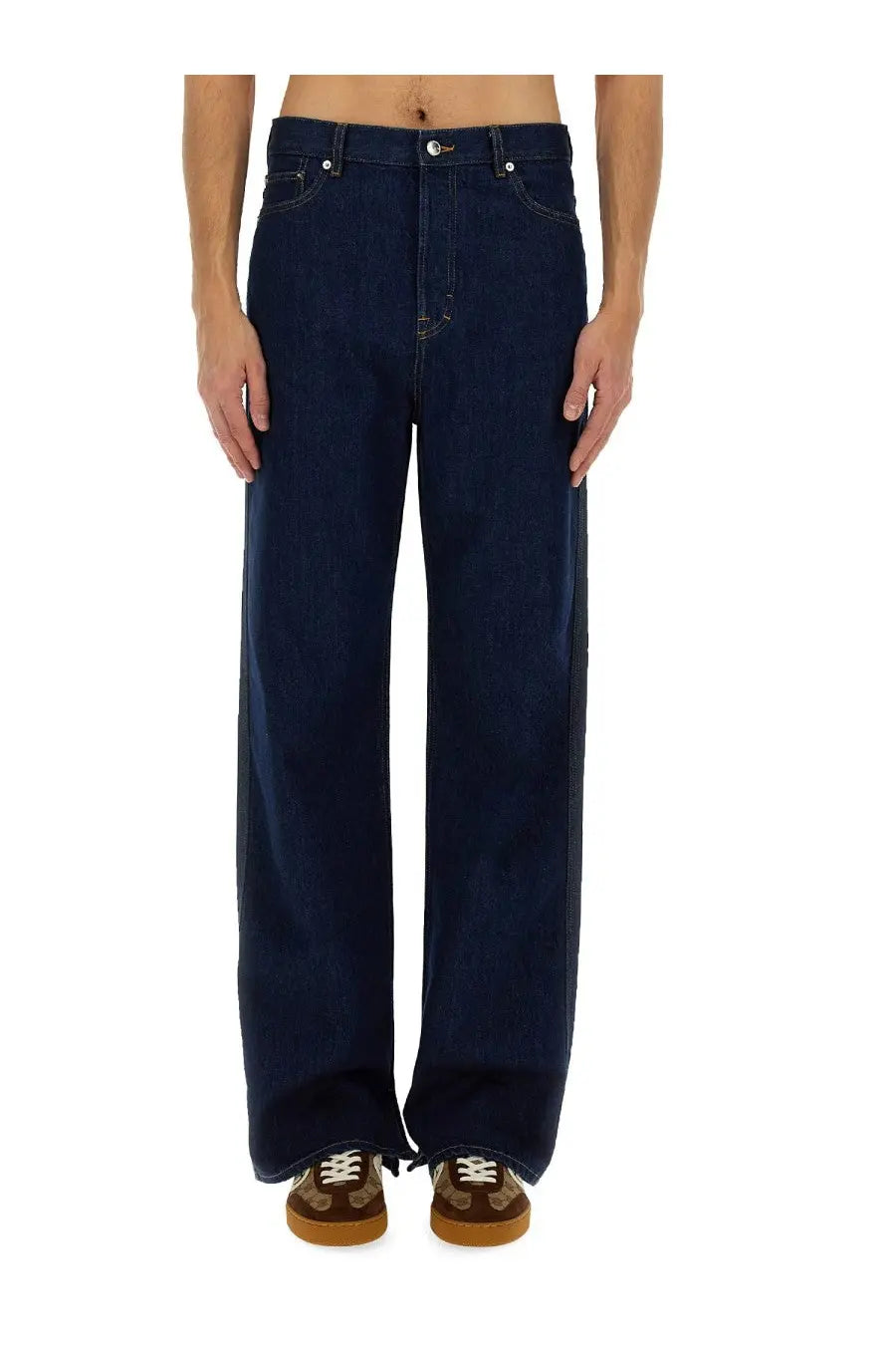 Gucci men’s denim pants in dark indigo with straight-leg cut and classic five-pocket design