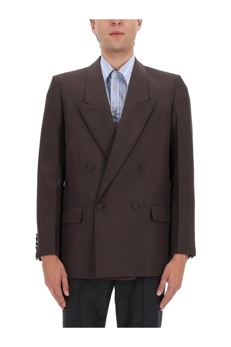 Gucci men’s tailored dark brown double-breasted suit jacket with notched lapels and flap pockets