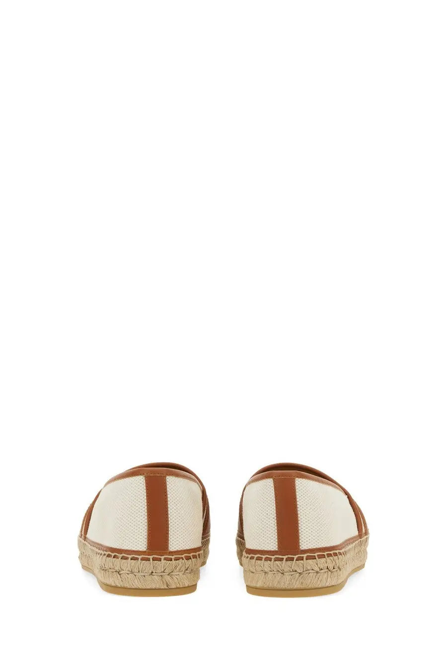 Cream canvas gucci men’s espadrilles with brown leather accents and woven jute sole for casual wear