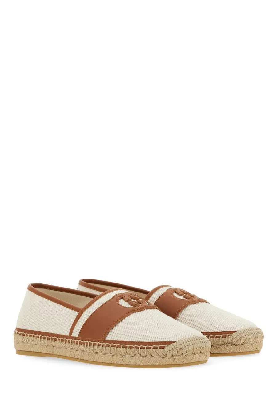 Gucci men’s espadrilles in cream canvas with brown leather accents and woven jute sole for casual wear