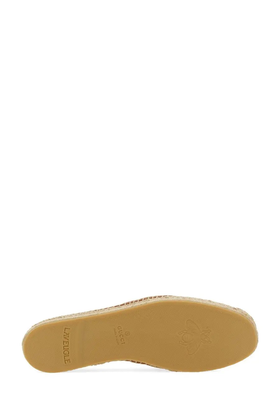 Gucci men’s espadrilles brown tan leather shoe with woven jute sole and embossed Gucci logo on insole