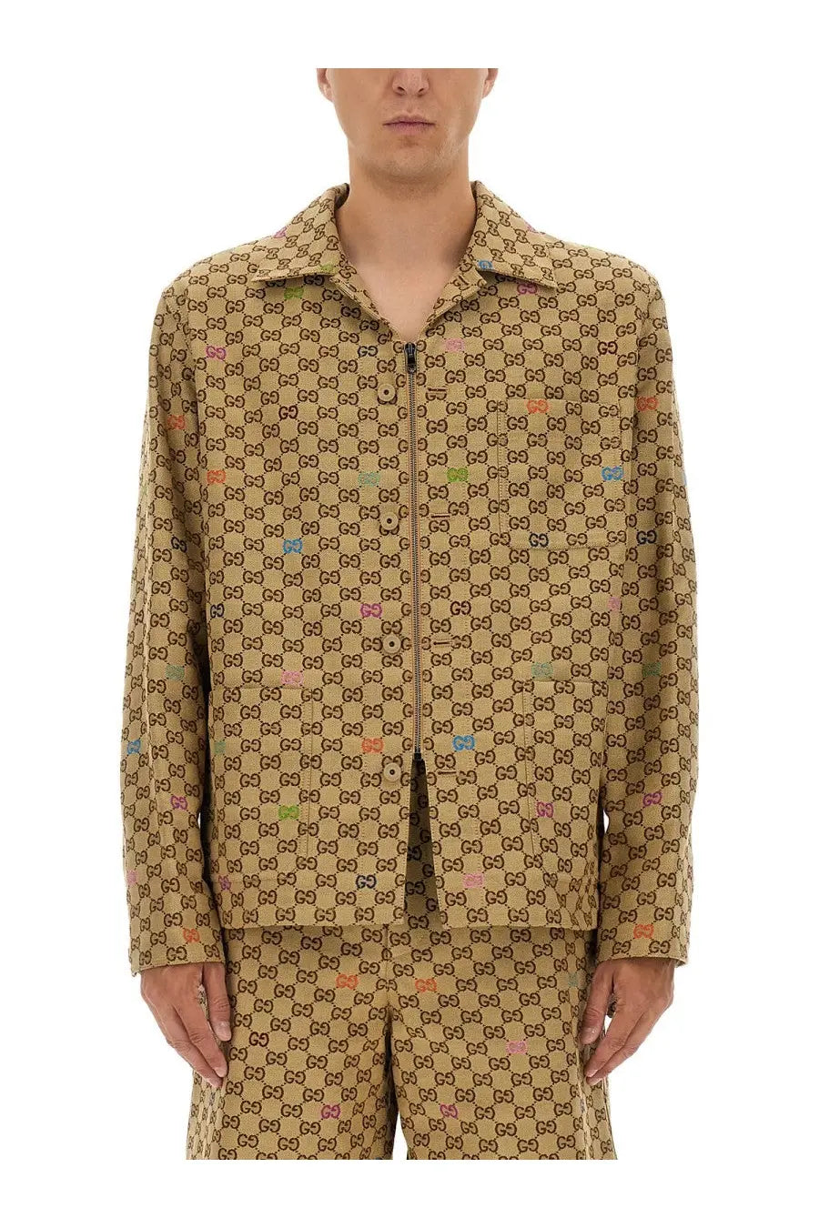 Tan Gucci men’s fabric jacket beige featuring a repeating brown gg logo pattern with colorful accents