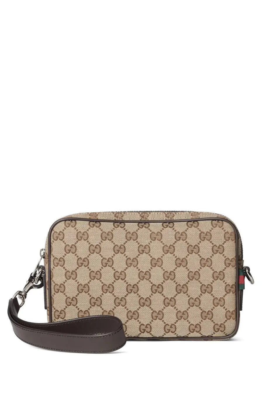 Beige and brown Gucci men’s fabric shoulder bag GG small with dark brown leather crossbody strap in canvas material