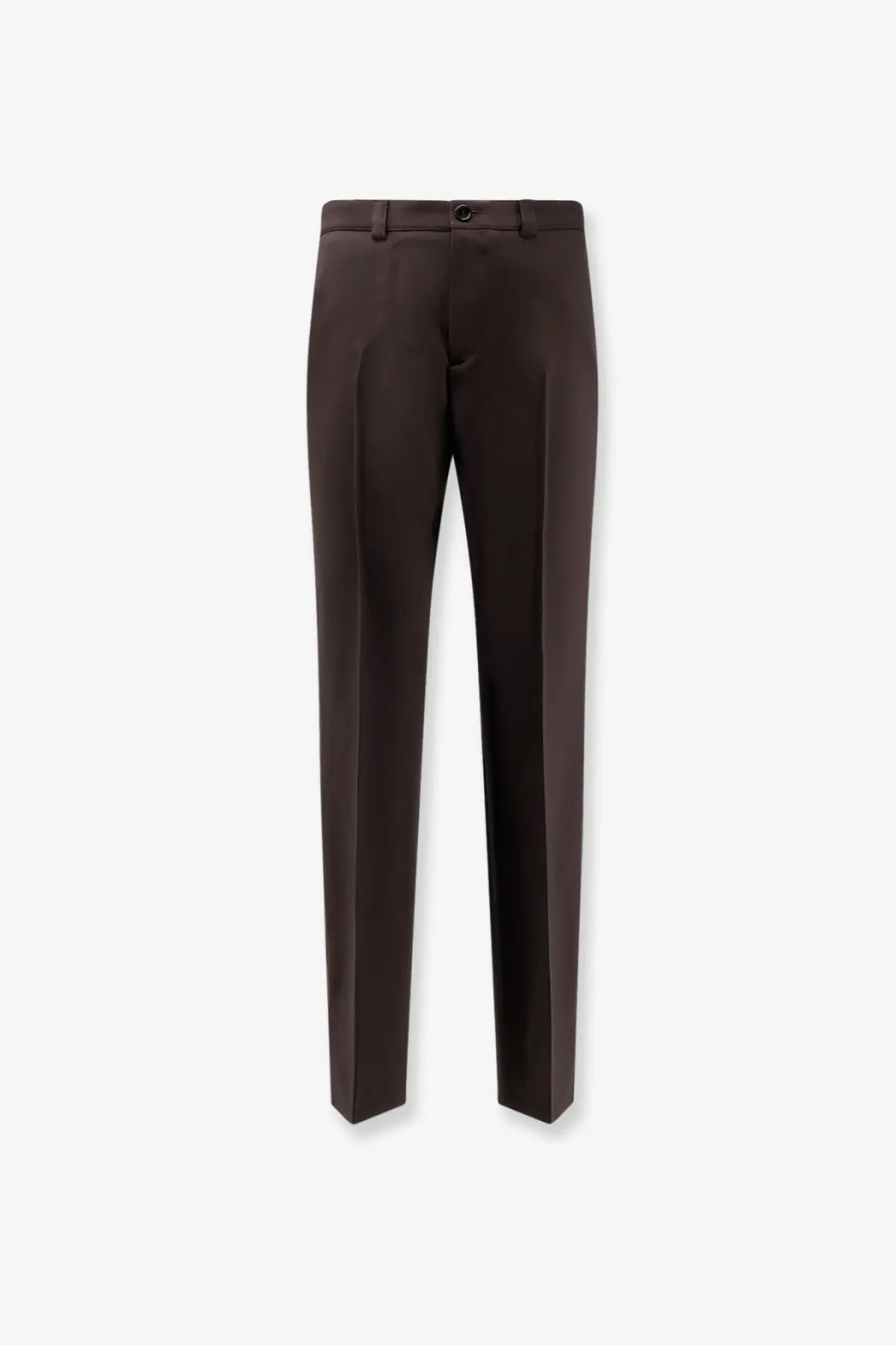 Gucci men’s brown gabardine wool trousers with dark brown tailored straight-leg cut and subtle front pleats