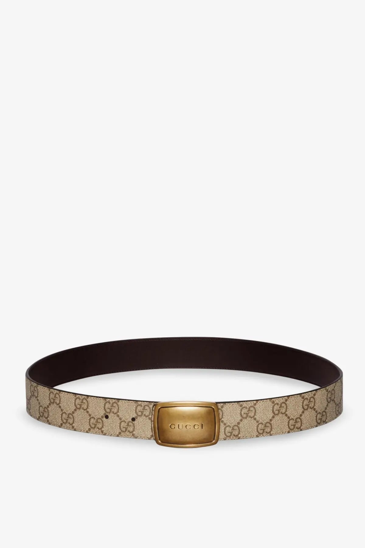 Gucci men’s brown coated canvas belt with beige and brown gg monogram and gold-tone rectangular buckle